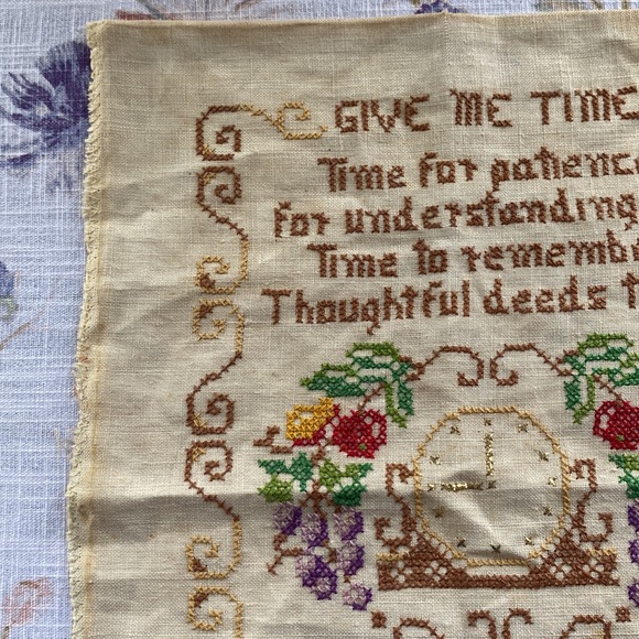 Antique vintage embroidery/stitchery give me time poem on the front with a clock - Picture 3 of 12